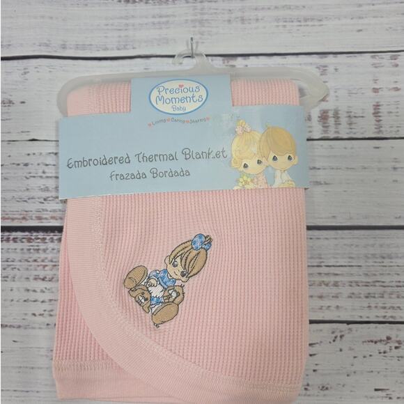 VTG Precious Moments Baby Blanket Thermal Waffle Weave Embroidered pink NEW - Picture 1 of 2